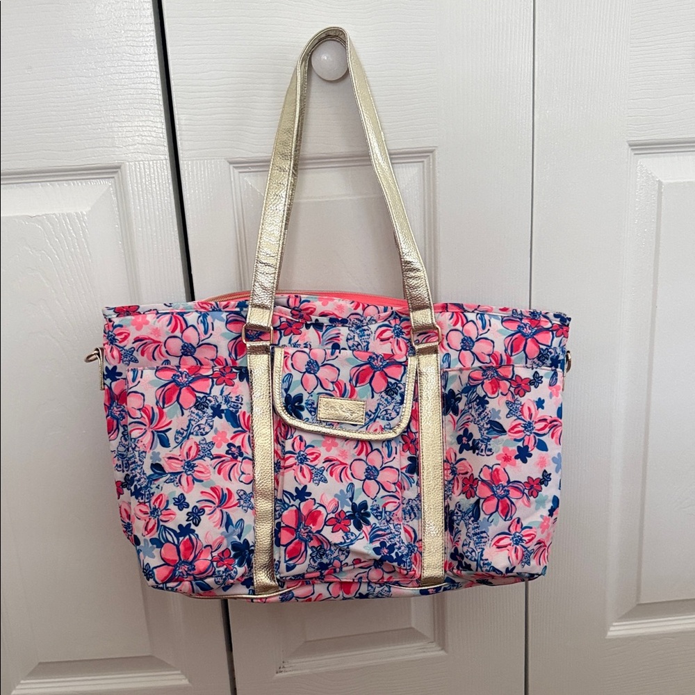 Lilly Pulitzer Pink and Blue Floral Tote with Gold Straps